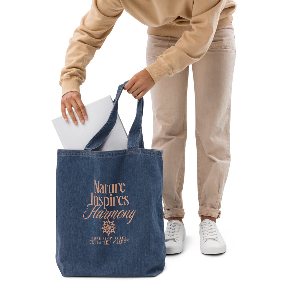 Denim EcoTote Organic Cotton Bag - Reusable, Sustainable Shopping Tote, Eco-Friendly 'Nature Inspires Harmony'
