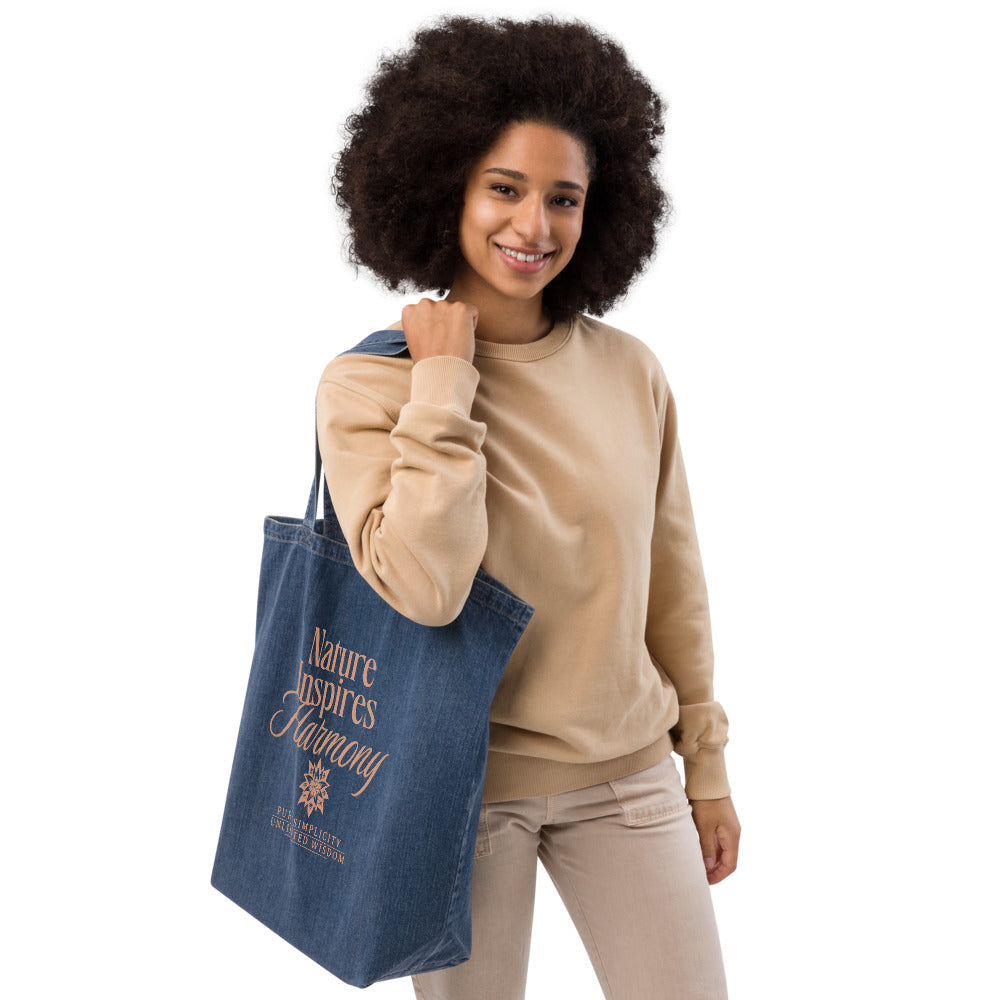 Denim EcoTote Organic Cotton Bag - Reusable, Sustainable Shopping Tote, Eco-Friendly 'Nature Inspires Harmony'