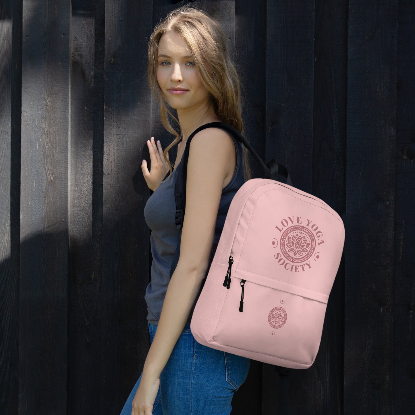 Water-Resistant Medium Backpack for Daily Use & Sports, Laptop Compartment & Multiple Pockets 'Love Yoga'