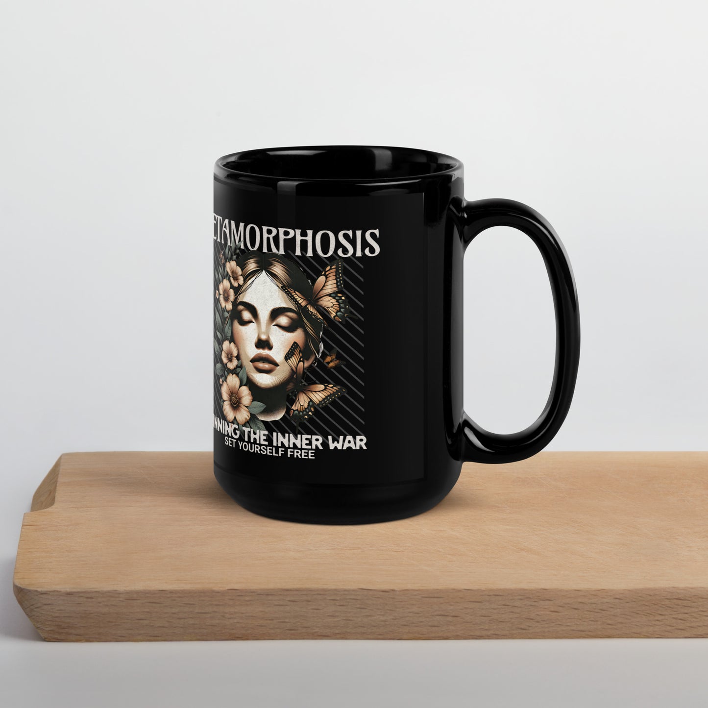 Inspirational Ceramic Mug with Black, Glossy Finish 'Metamorphosis'