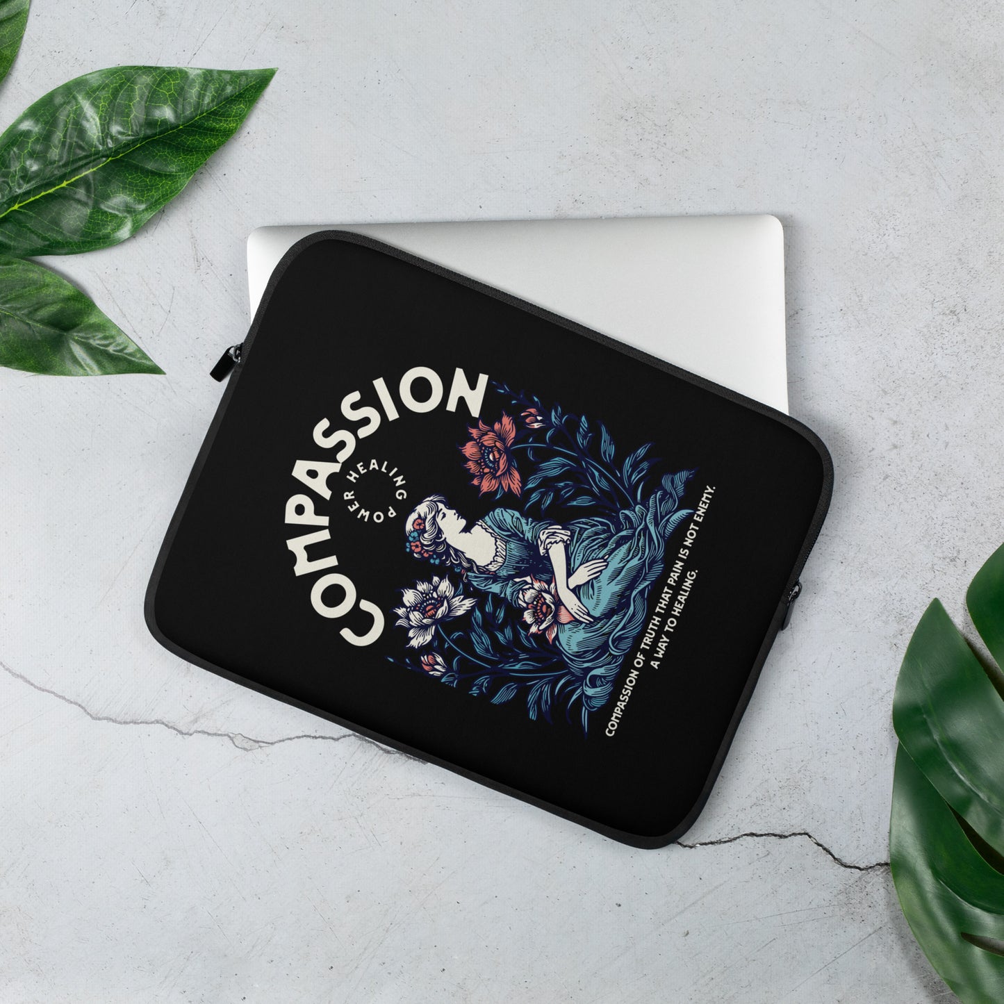 Premium Lightweight Laptop Sleeve/Case with Faux Fur Lining – Water, Oil, and Heat Resistant 'Compassion - Healing'