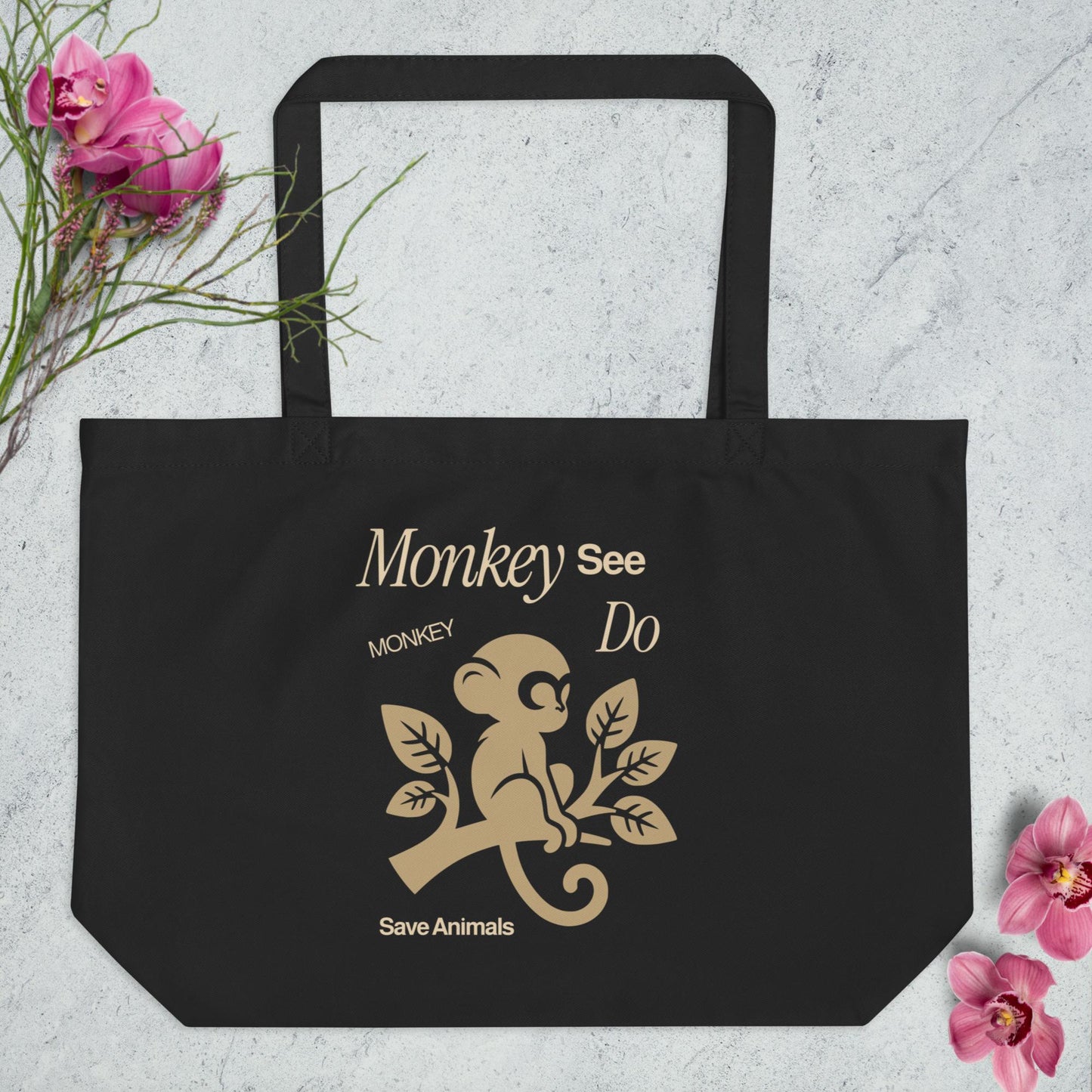 EcoTote LARGE Organic Cotton Bag - Reusable, Sustainable Shopping Tote, Eco-Friendly  'Monkey - save endangered animals'