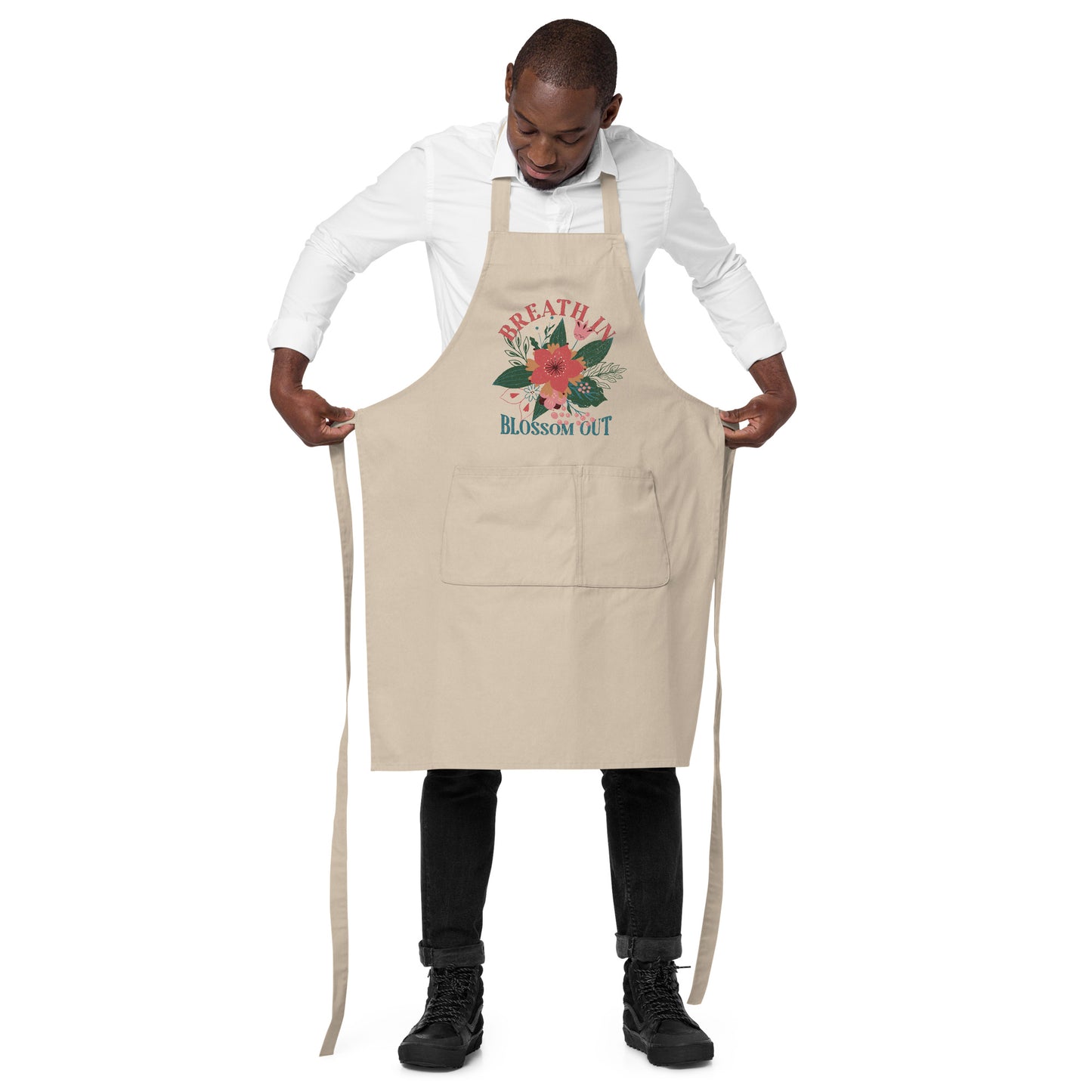 Organic Cotton Apron with Adjustable Straps and Front Pocket - Minimalist Eco-Friendly  'Blossom Out'