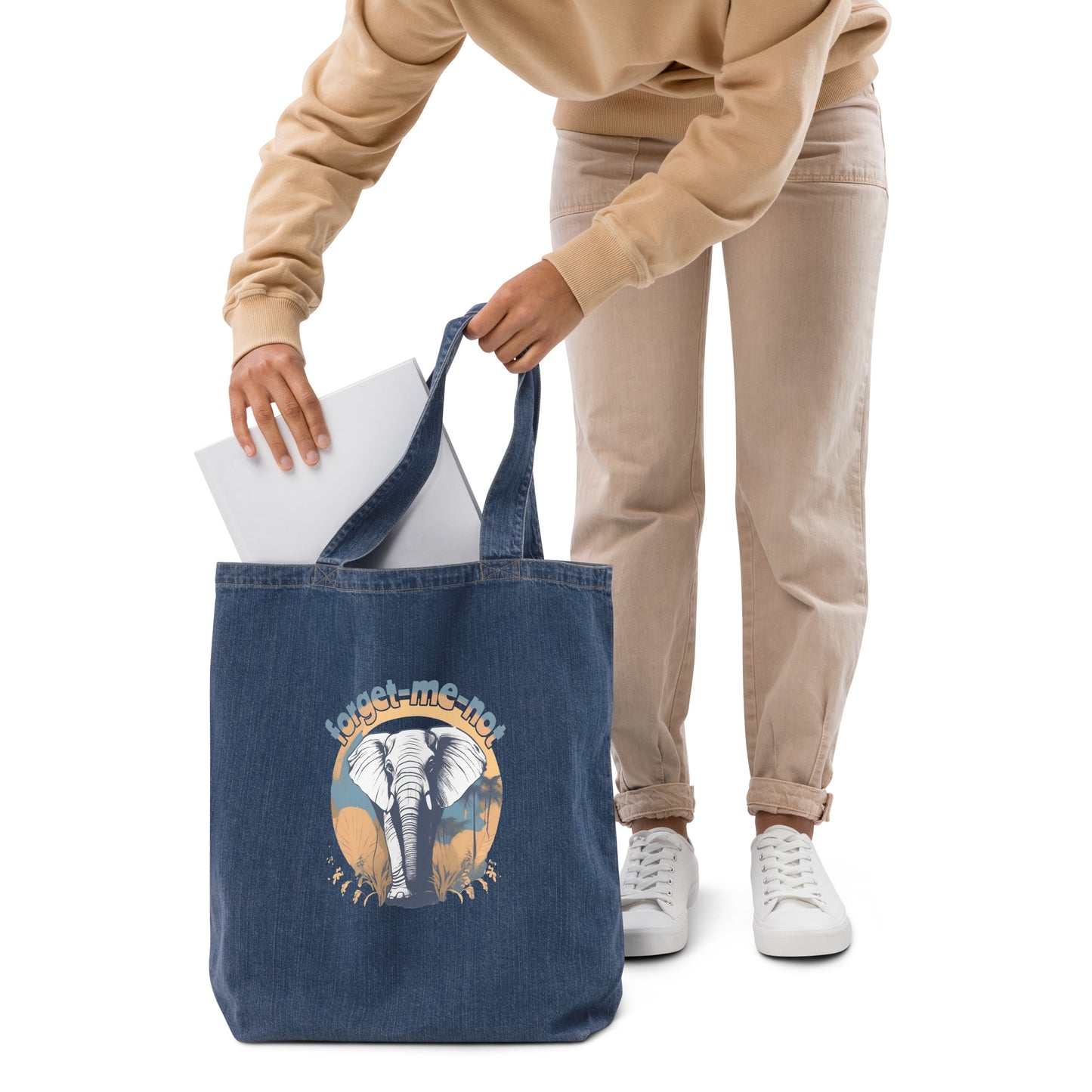 EcoTote  Denim Organic Cotton Bag - Reusable, Sustainable Shopping Tote, Eco-Friendly 'Elephant - save endangered animals'