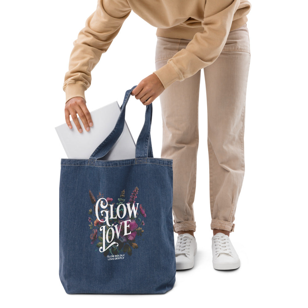 Denim EcoTote Organic Cotton Bag - Reusable, Sustainable Shopping Tote, Eco-Friendly 'Glow Love'