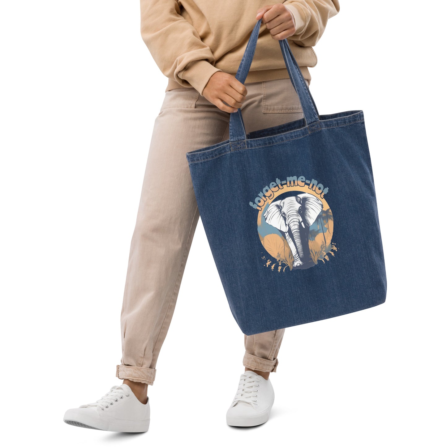 EcoTote  Denim Organic Cotton Bag - Reusable, Sustainable Shopping Tote, Eco-Friendly 'Elephant - save endangered animals'