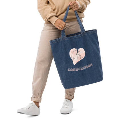 EcoTote Denim Organic Cotton Bag - Reusable, Sustainable Shopping Tote, Eco-Friendly and Durable 'Compassion'