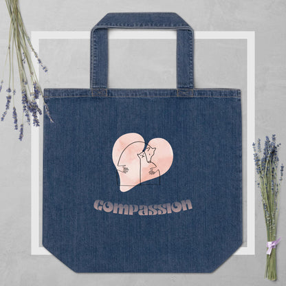 EcoTote Denim Organic Cotton Bag - Reusable, Sustainable Shopping Tote, Eco-Friendly and Durable 'Compassion'