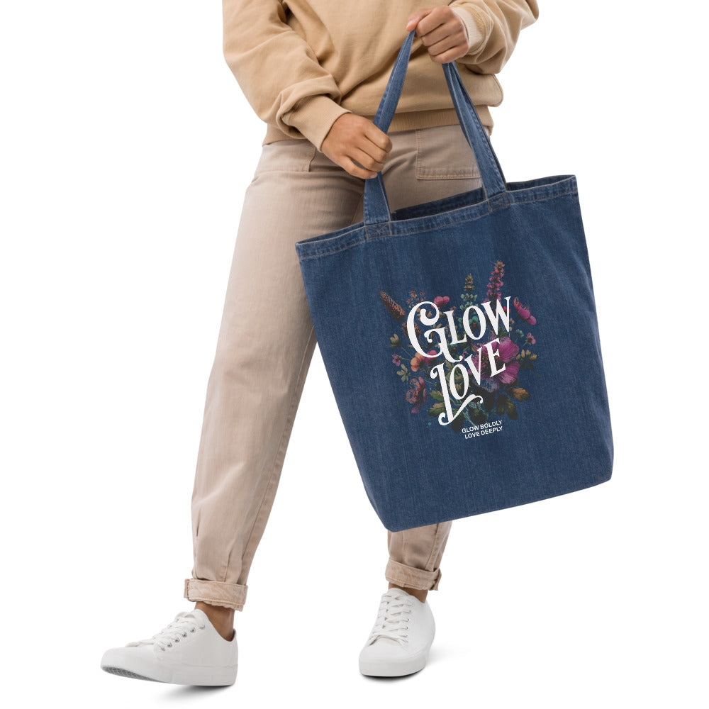 Denim EcoTote Organic Cotton Bag - Reusable, Sustainable Shopping Tote, Eco-Friendly 'Glow Love'