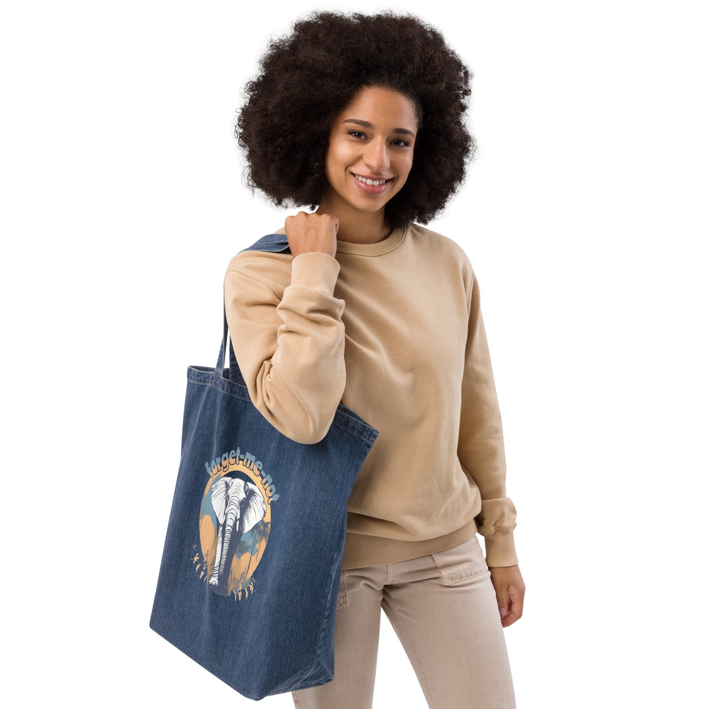 EcoTote  Denim Organic Cotton Bag - Reusable, Sustainable Shopping Tote, Eco-Friendly 'Elephant - save endangered animals'