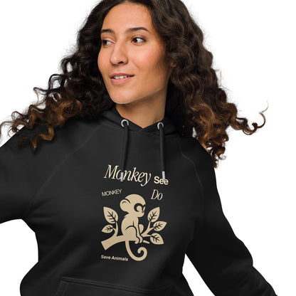 Organic Cotton Raglan Hoodie - Eco-Friendly, Soft, Sustainable 'Monkey - save endangered animals'