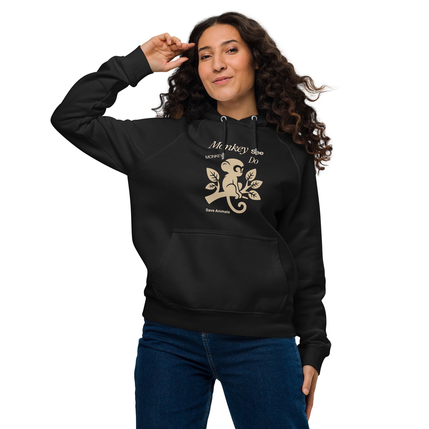 Organic Cotton Raglan Hoodie - Eco-Friendly, Soft, Sustainable 'Monkey - save endangered animals'