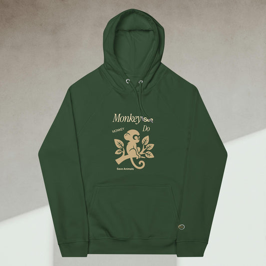 Organic Cotton Raglan Hoodie - Eco-Friendly, Soft, Sustainable 'Monkey - save endangered animals'