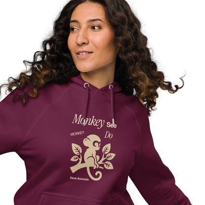 Organic Cotton Raglan Hoodie - Eco-Friendly, Soft, Sustainable 'Monkey - save endangered animals'